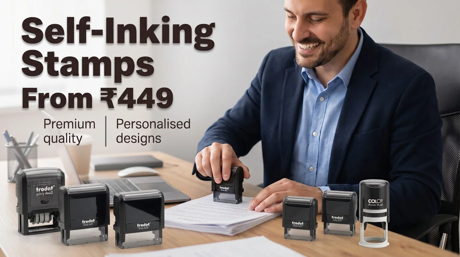 Professional stamping contracts on modern wooden desk with collection of black and red Trodat self-inking stamps