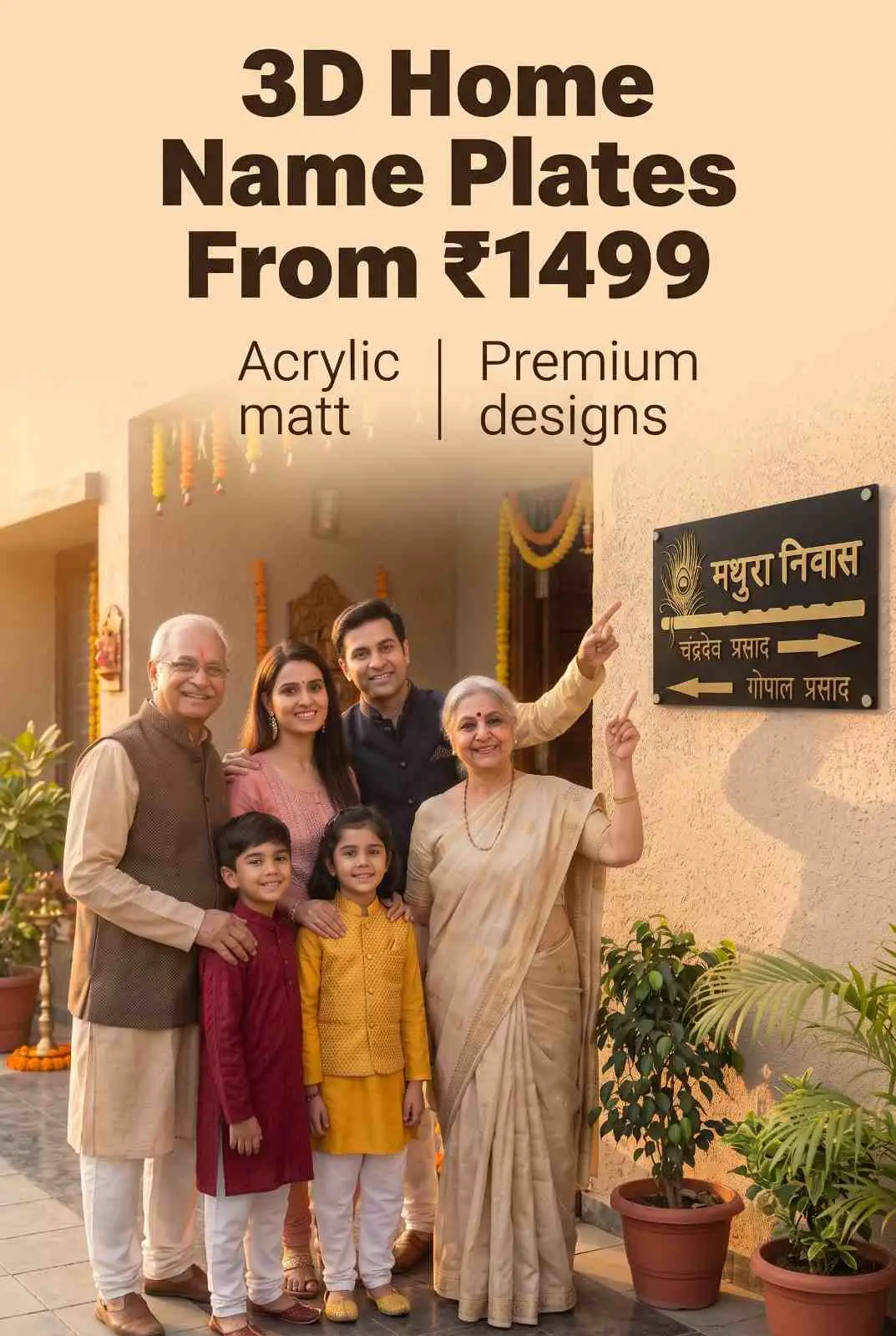 Three generation Indian family standing in home courtyard gesturing to custom 3D acrylic home name plate on entrance wall