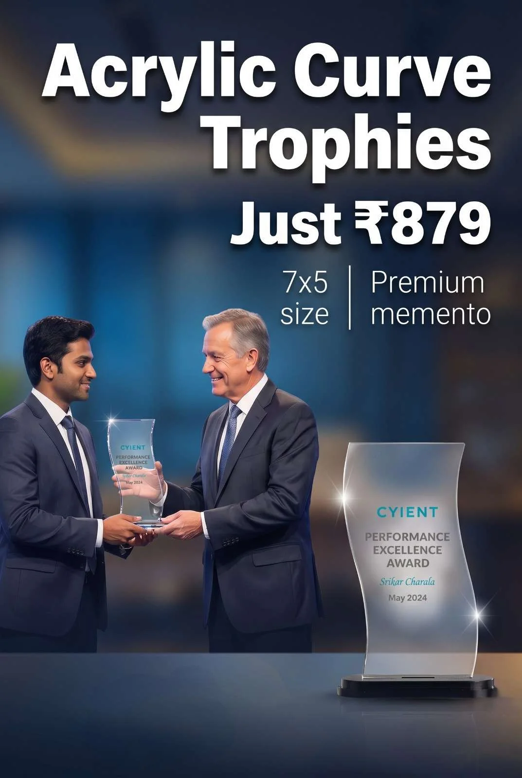 Senior executive presenting curved transparent acrylic excellence award plaque to smiling young corporate achiever