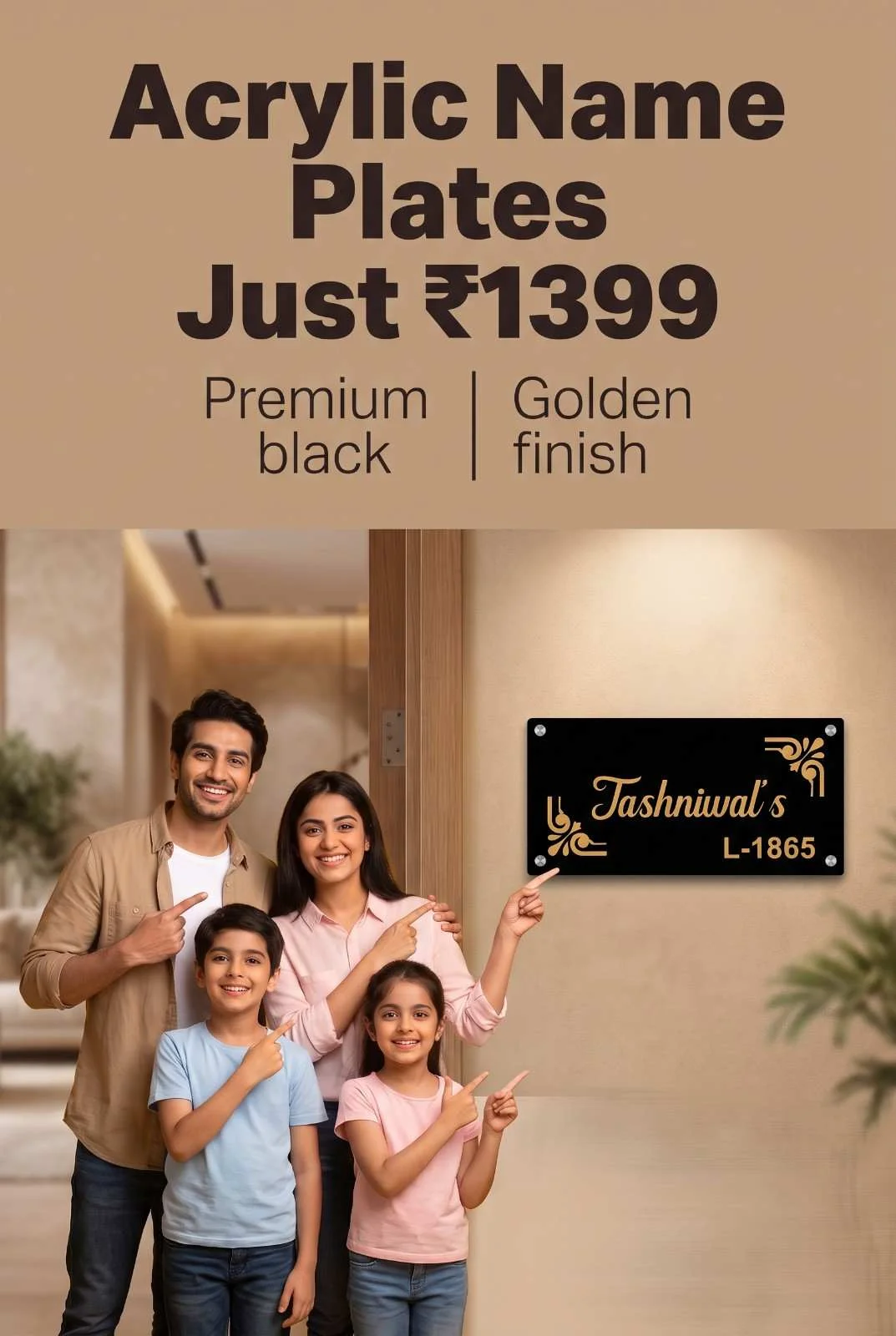 Happy family standing near front door pointing toward modern glossy black acrylic name plate with gold lettering