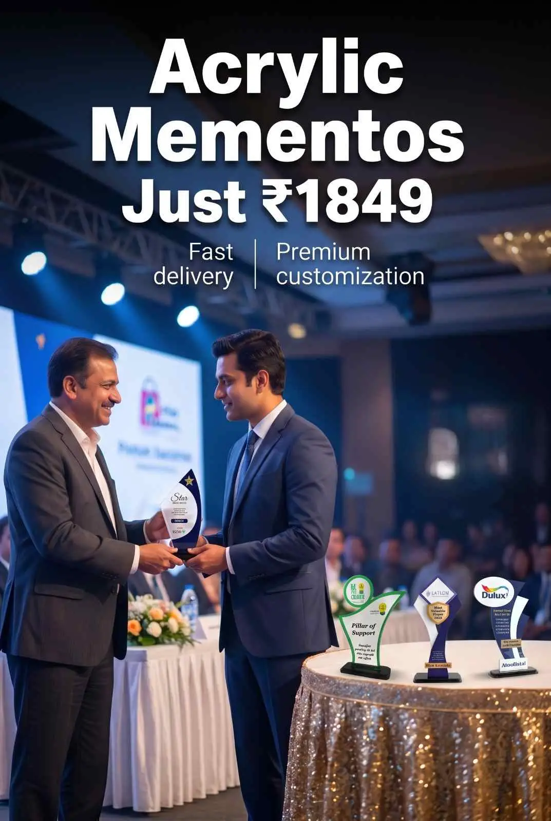 Corporate professionals exchanging custom branded acrylic awards and trophies during prestigious annual conference ceremony
