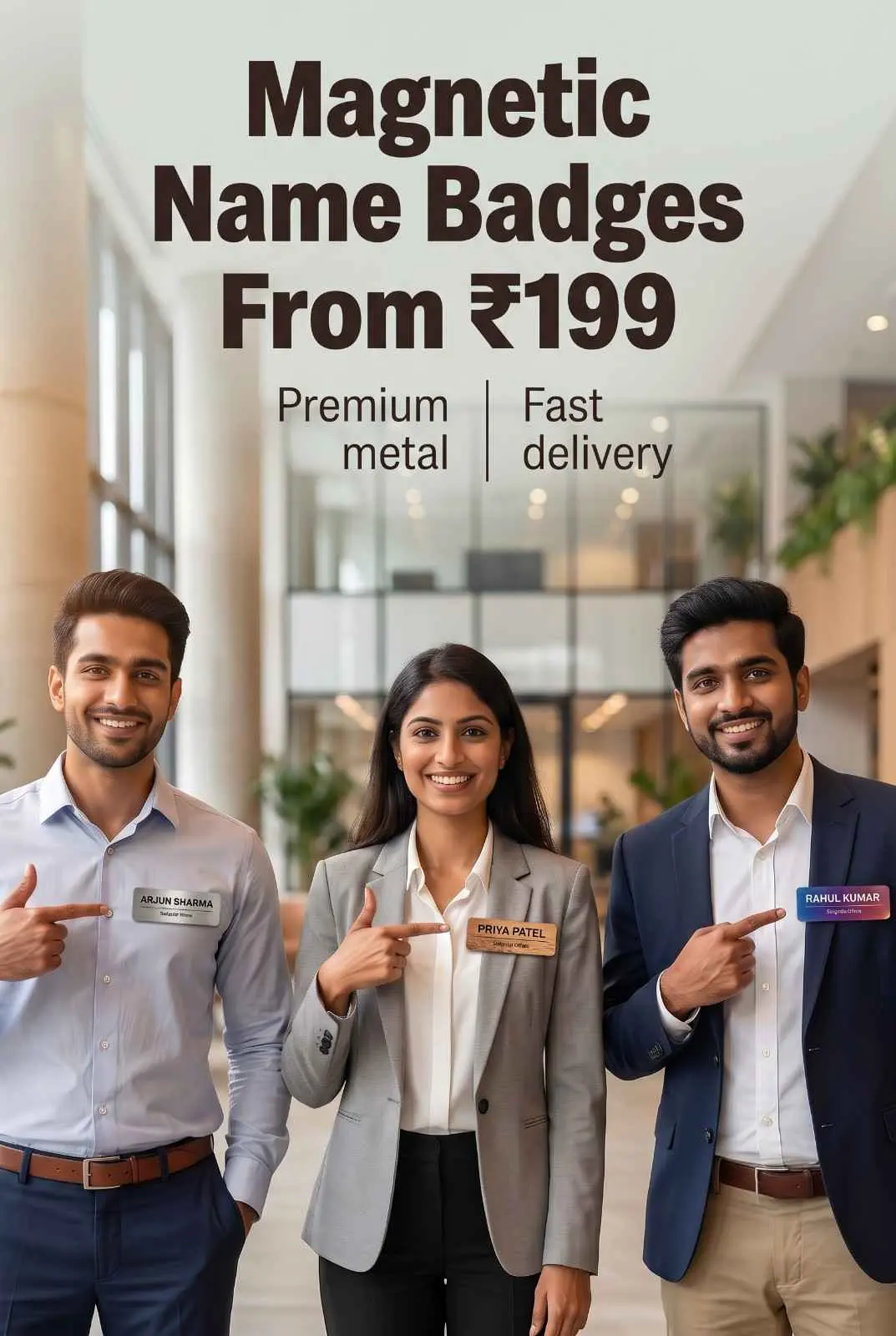 Three professional colleagues in lobby wearing and displaying customized brushed metal and wooden magnetic name tags