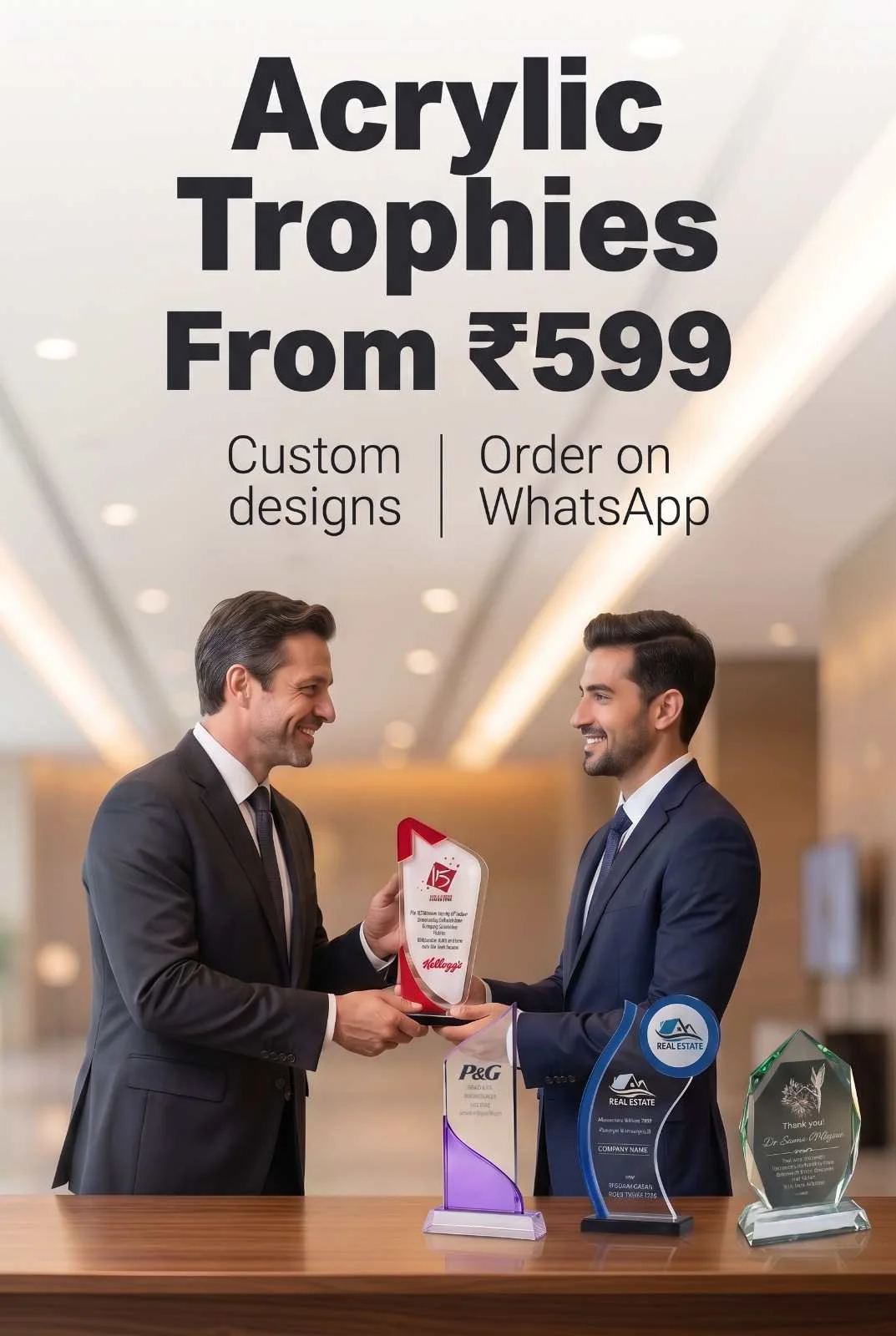 Corporate colleagues congratulating each other and presenting modern geometric acrylic recognition awards on table
