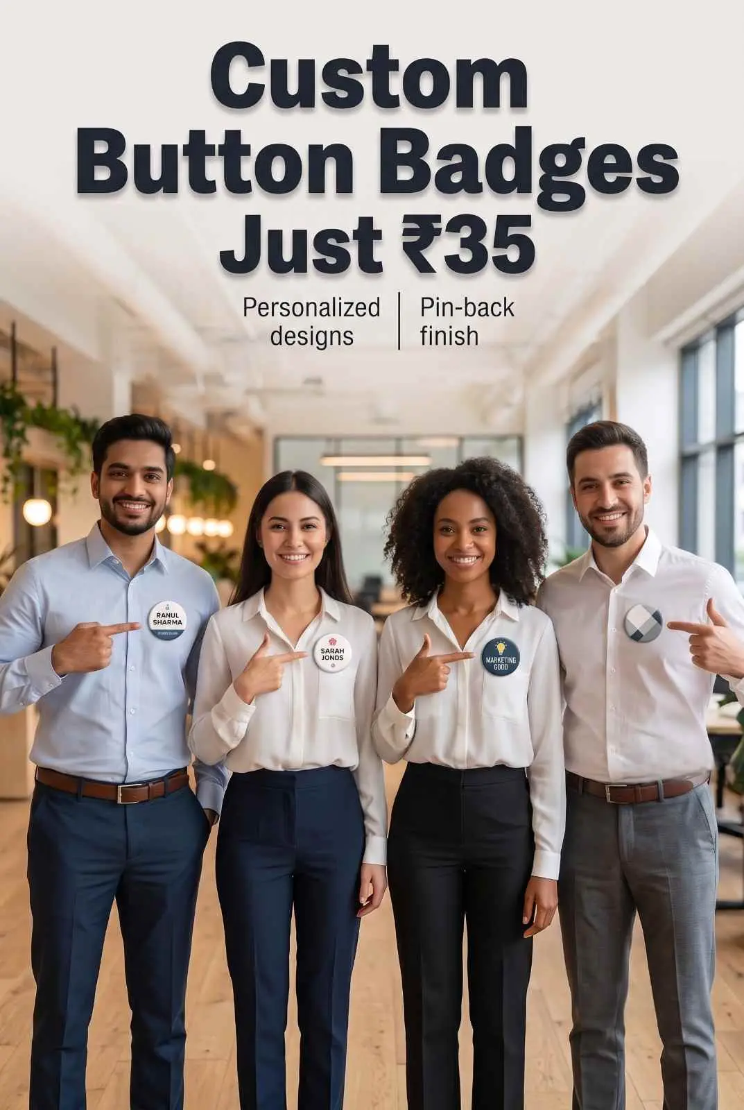 Diverse marketing team in office shirts proudly pointing to personalized round pin-back button badges on their shirts