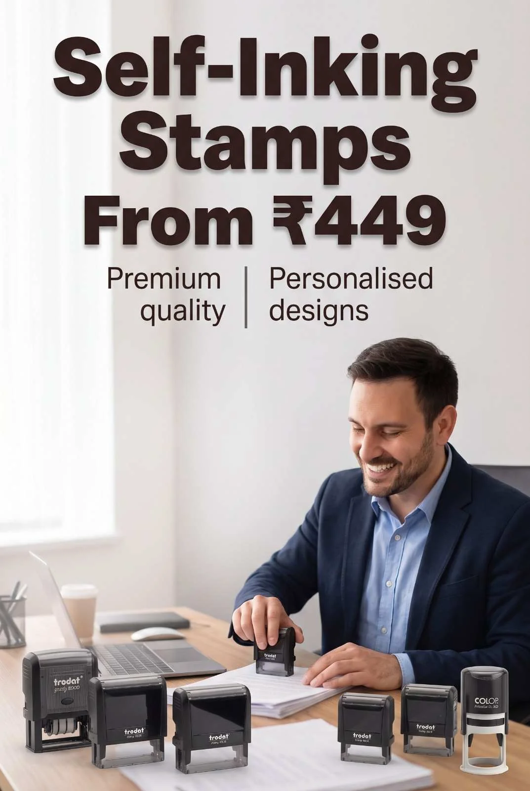 Professional stamping contracts on modern wooden desk with collection of black and red Trodat self-inking stamps