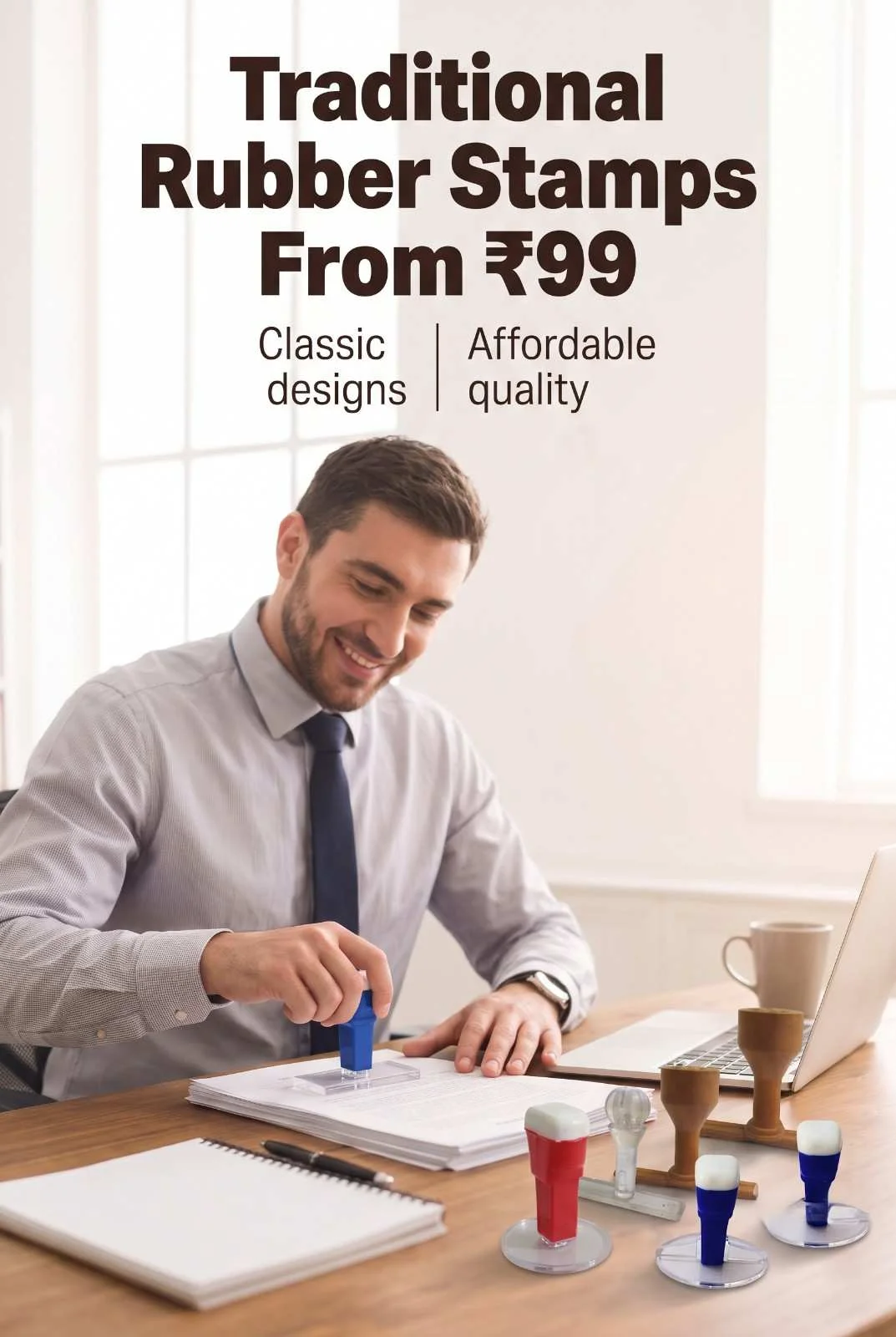 Corporate professional pressing blue custom rubber stamp on document with traditional wooden and acrylic handle stamps