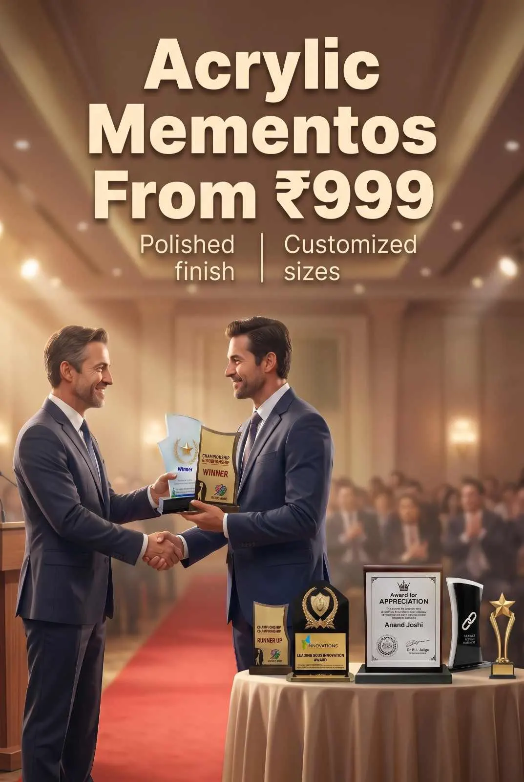 Business dignitaries shaking hands on formal gala stage with customized acrylic awards and mementos on presentation table