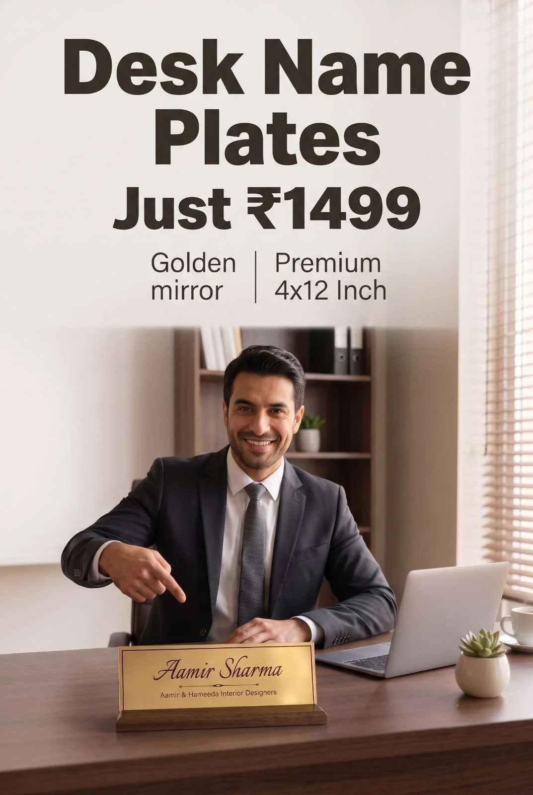 Smiling business professional at modern desk pointing towards gold mirror executive name plate with mahogany base