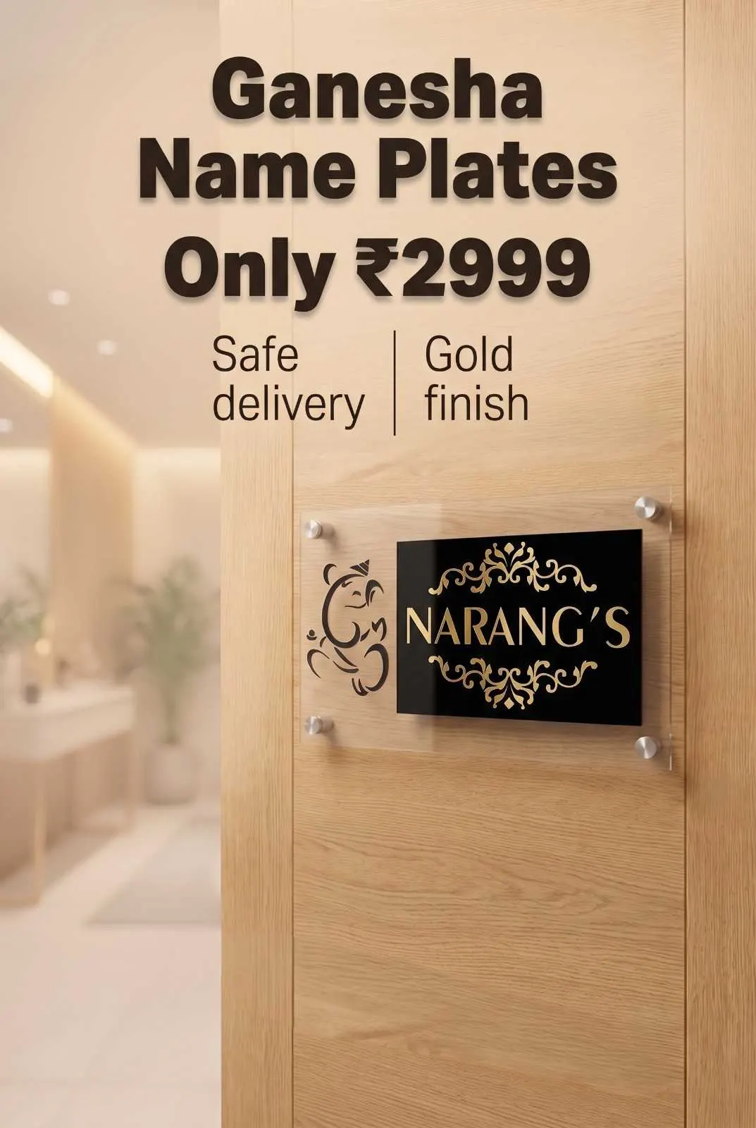 Glossy black acrylic name plate adorned with golden Ganesha motif and ornate filigree mounted with metal standoffs on door