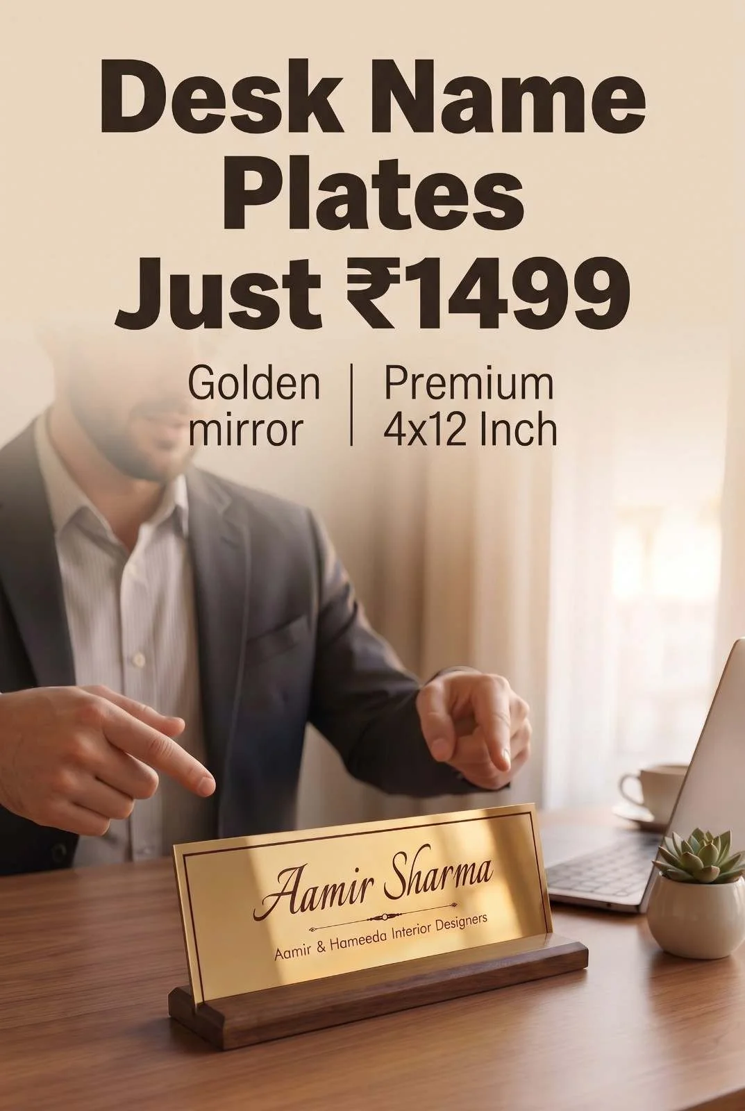 Professional in business suit pointing to customized golden mirror acrylic desk name plate on luxury wooden office table