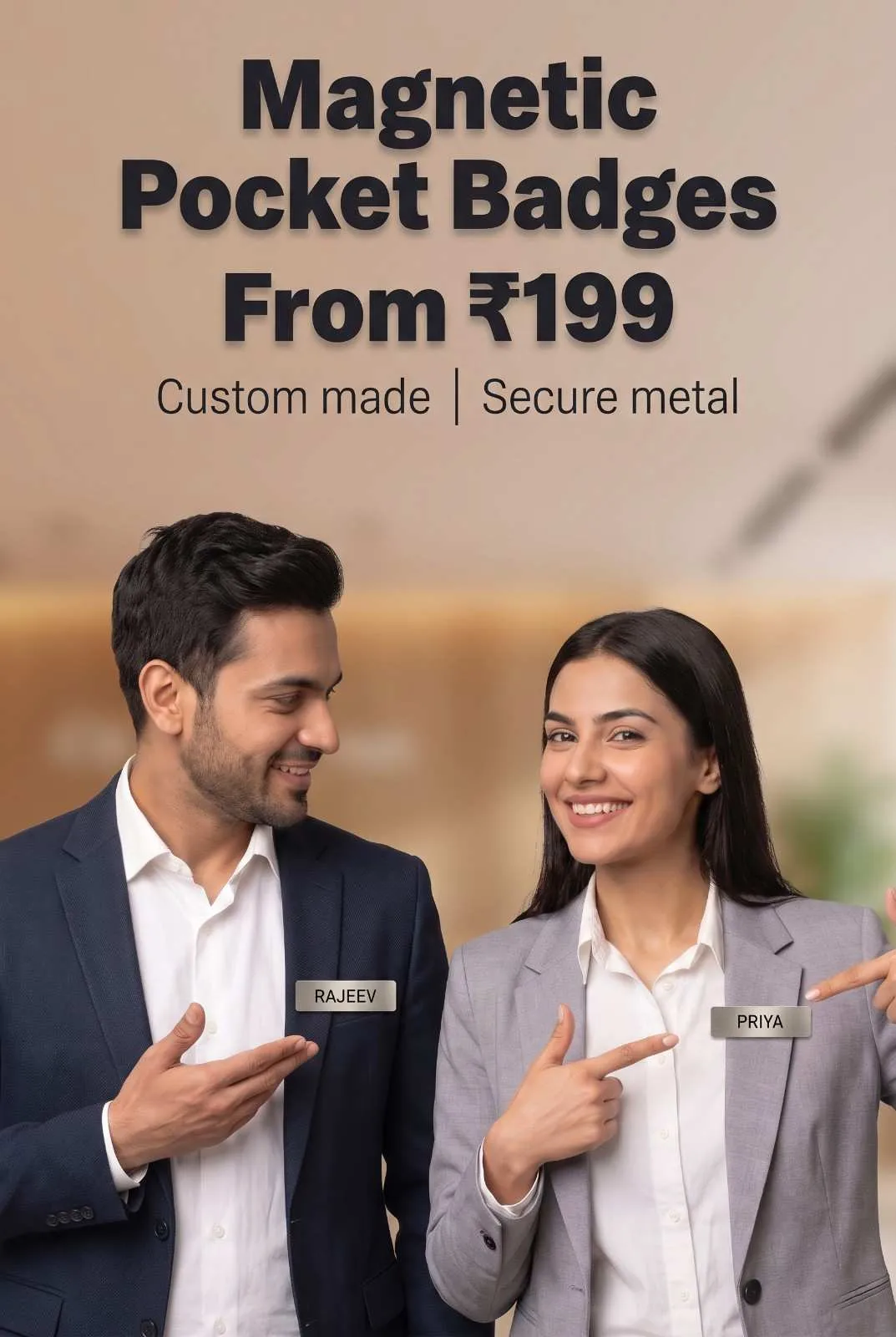 Corporate colleagues in smart business suits gesturing toward their brushed metal magnetic pocket name tags