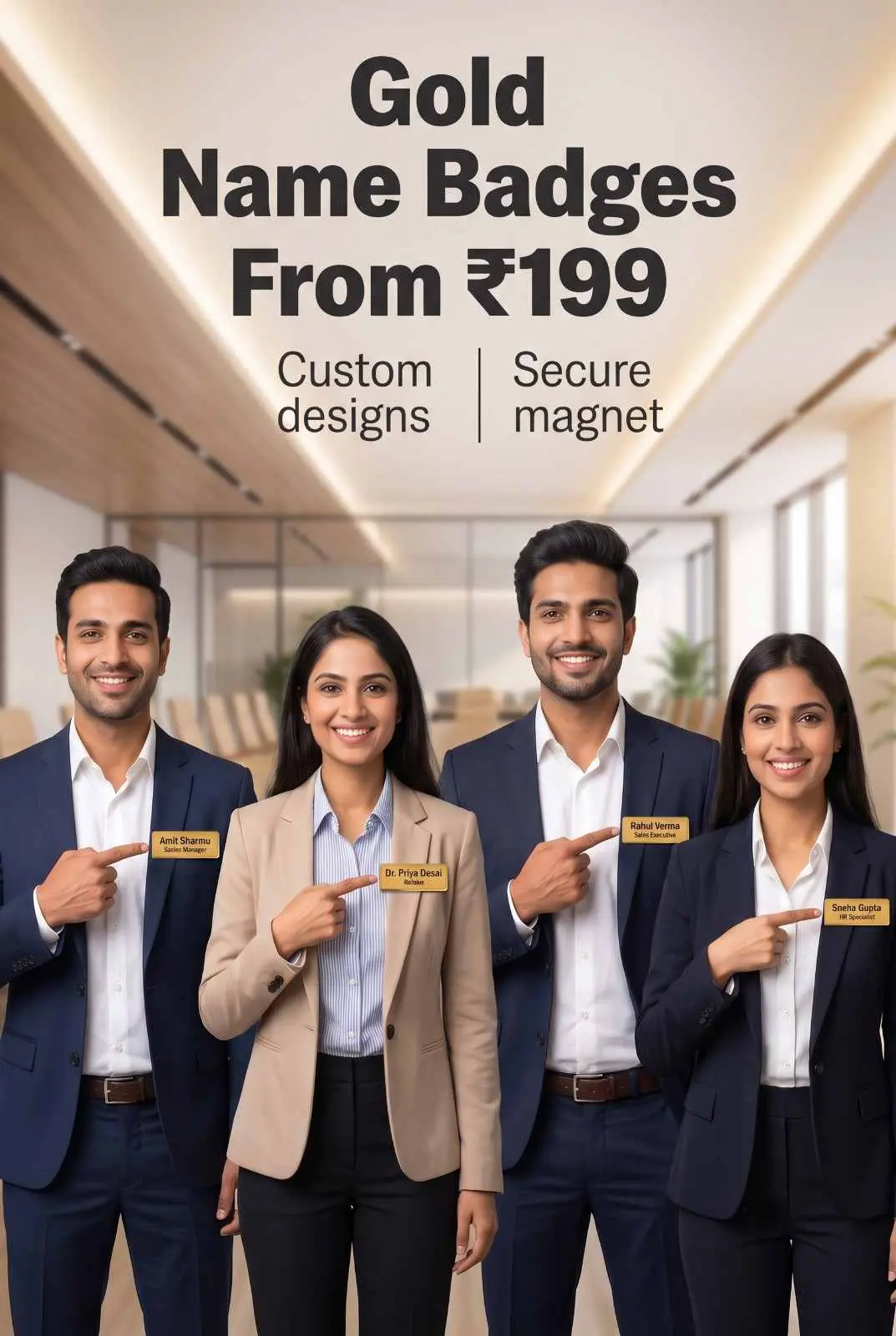 Team of executive professionals in navy blazers pointing to metallic gold engraved magnetic name badges on lapels