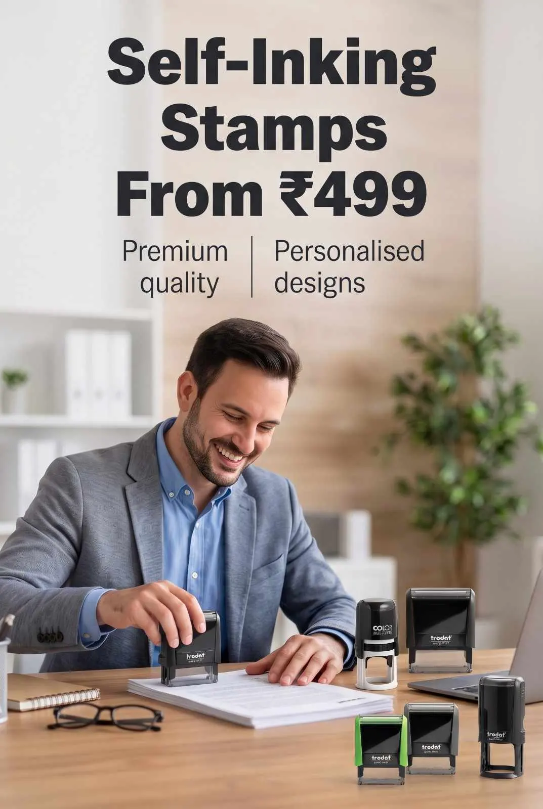 Office executive pressing official personalized Trodat stamp onto invoice with green and black stamper collection