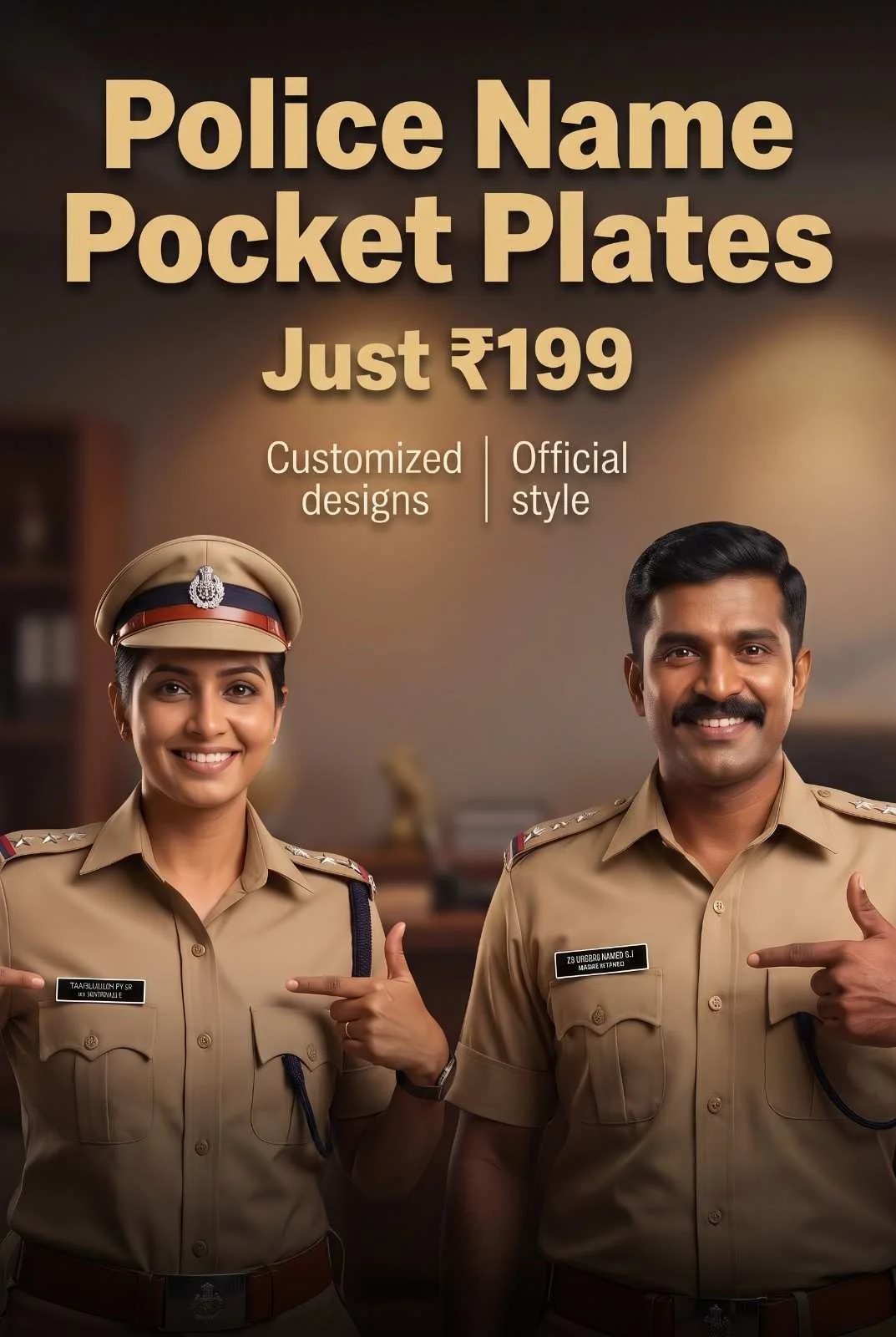 Male and female police officers in uniform pointing proudly to their custom engraved black pocket name plates