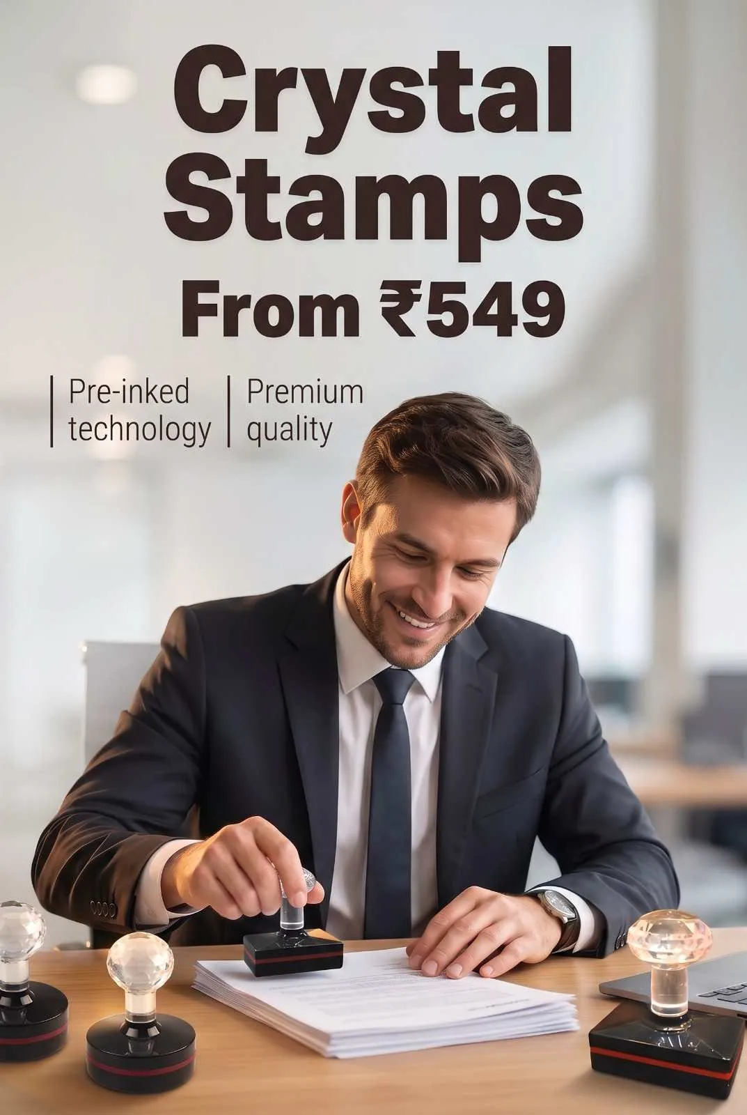 Smiling business professional at corporate desk stamping papers with transparent crystal handle pre-inked stamp