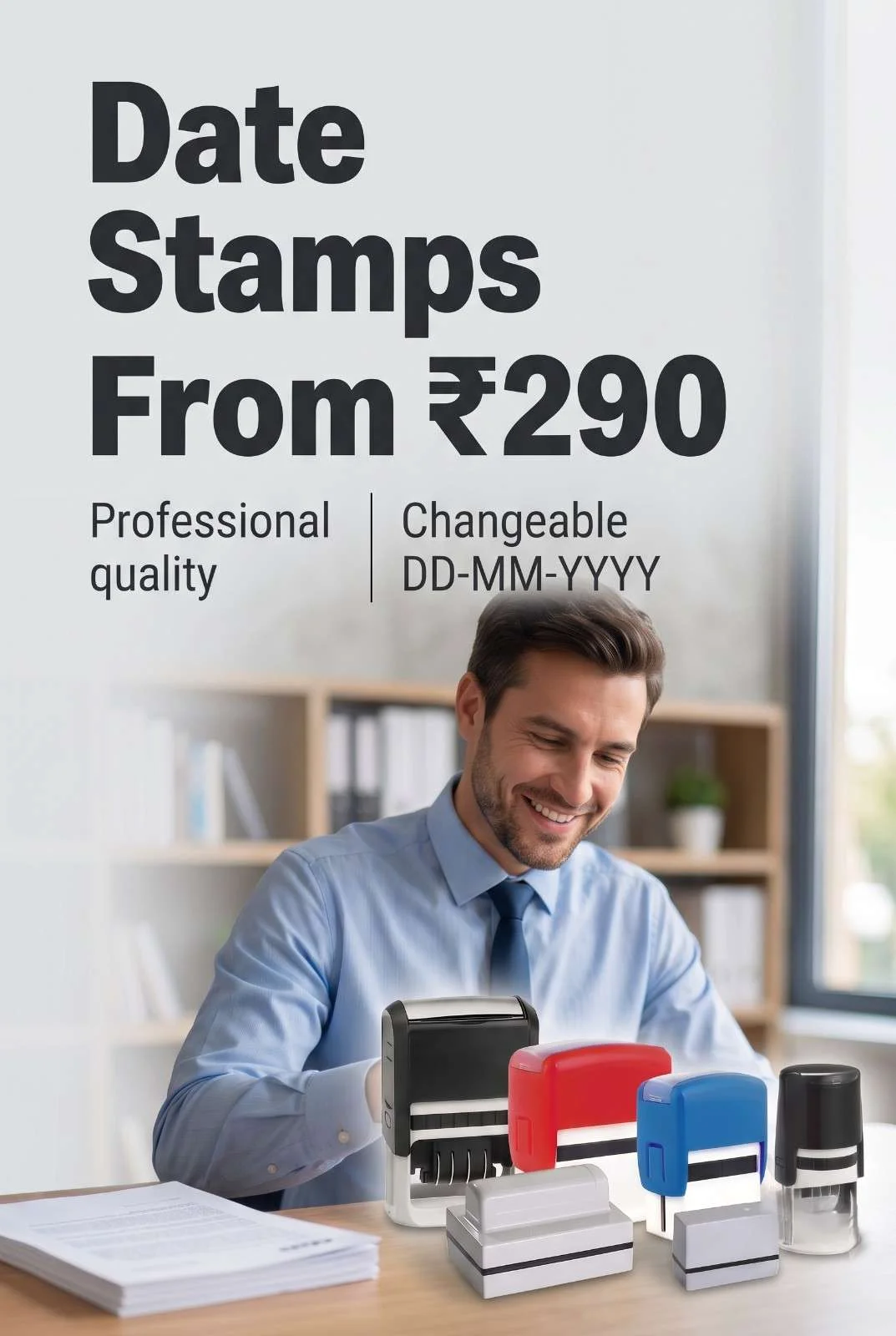 Smiling business manager stamping date onto corporate invoice with multi-colored date stamp devices on desk