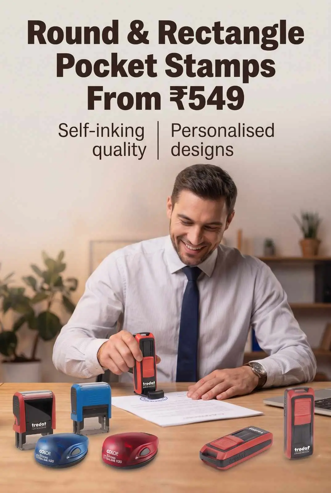 Executive in blue shirt using slim red pocket rubber stamp on contract surrounded by compact colorful stampers