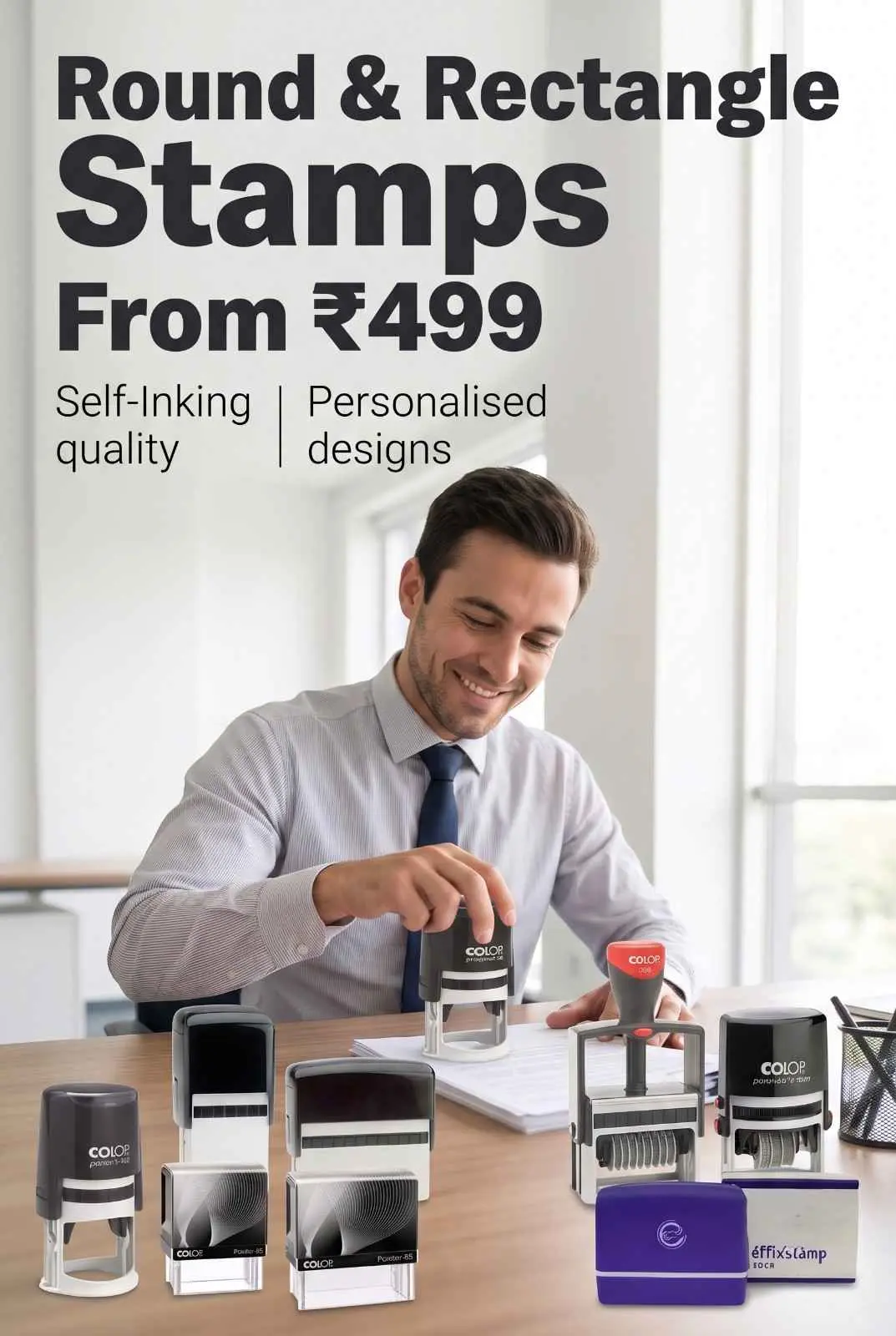 Smiling clerk applying round self-inking stamp to paper on desk with full assortment of commercial Trodat and Colop stampers