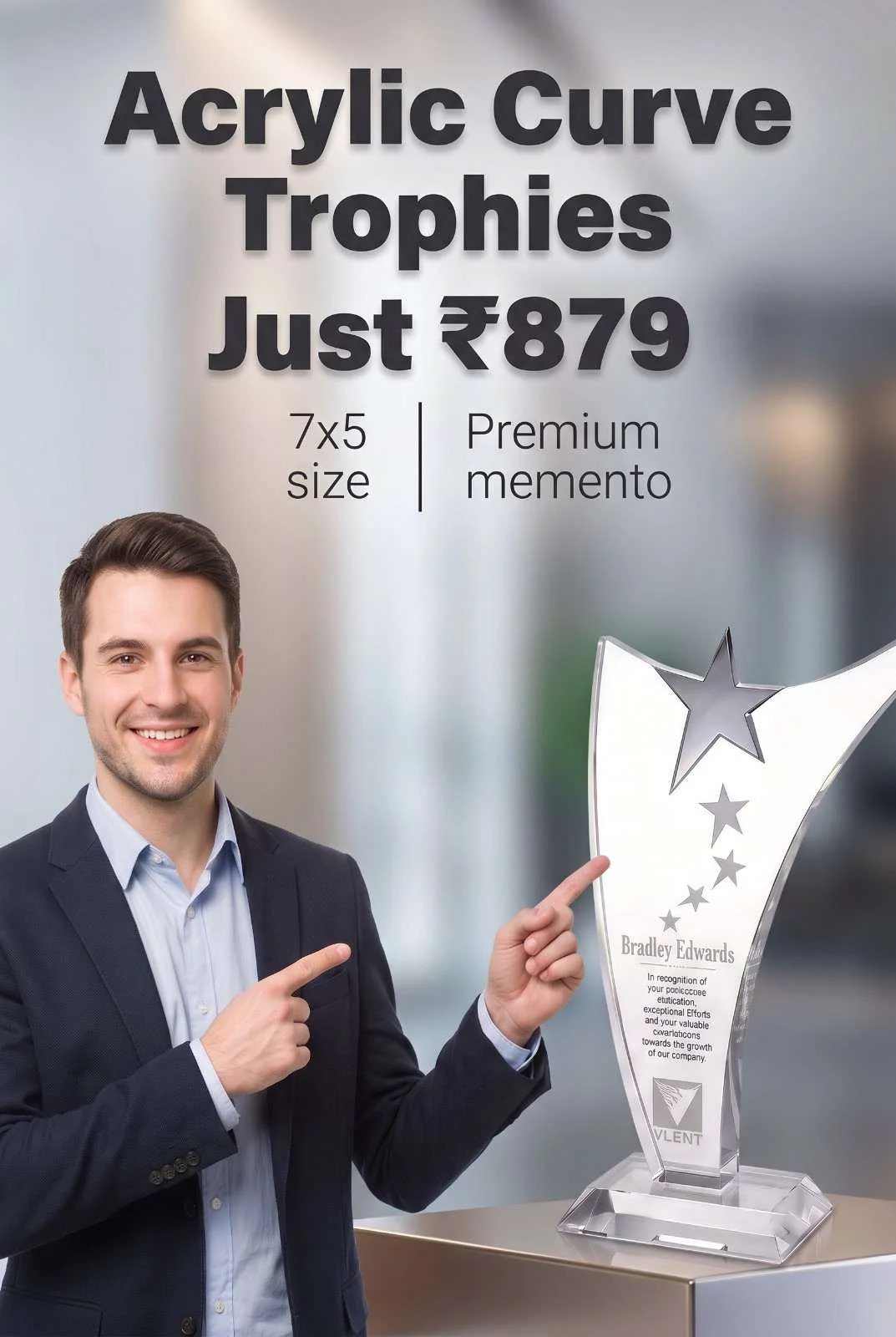 Smiling young corporate professional in suit pointing to tall beveled acrylic star curve trophy on presentation pedestal