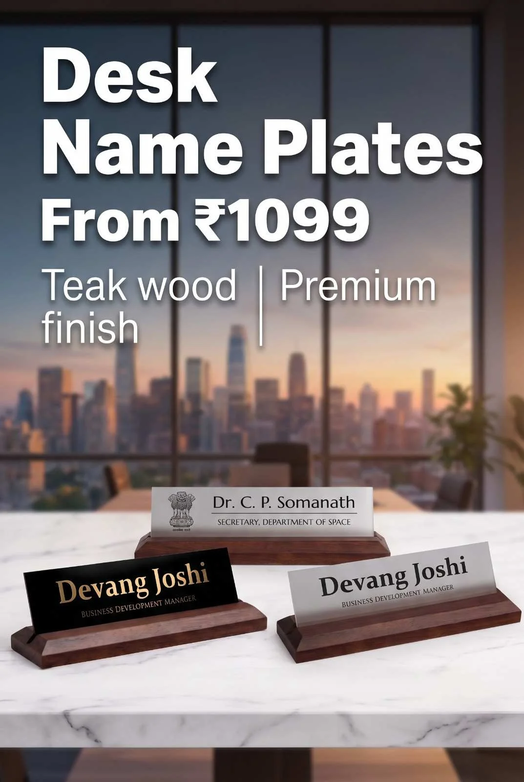 Premium teak wood desk name plates featuring silver metal and gold lettering inserts arranged on office table with city view