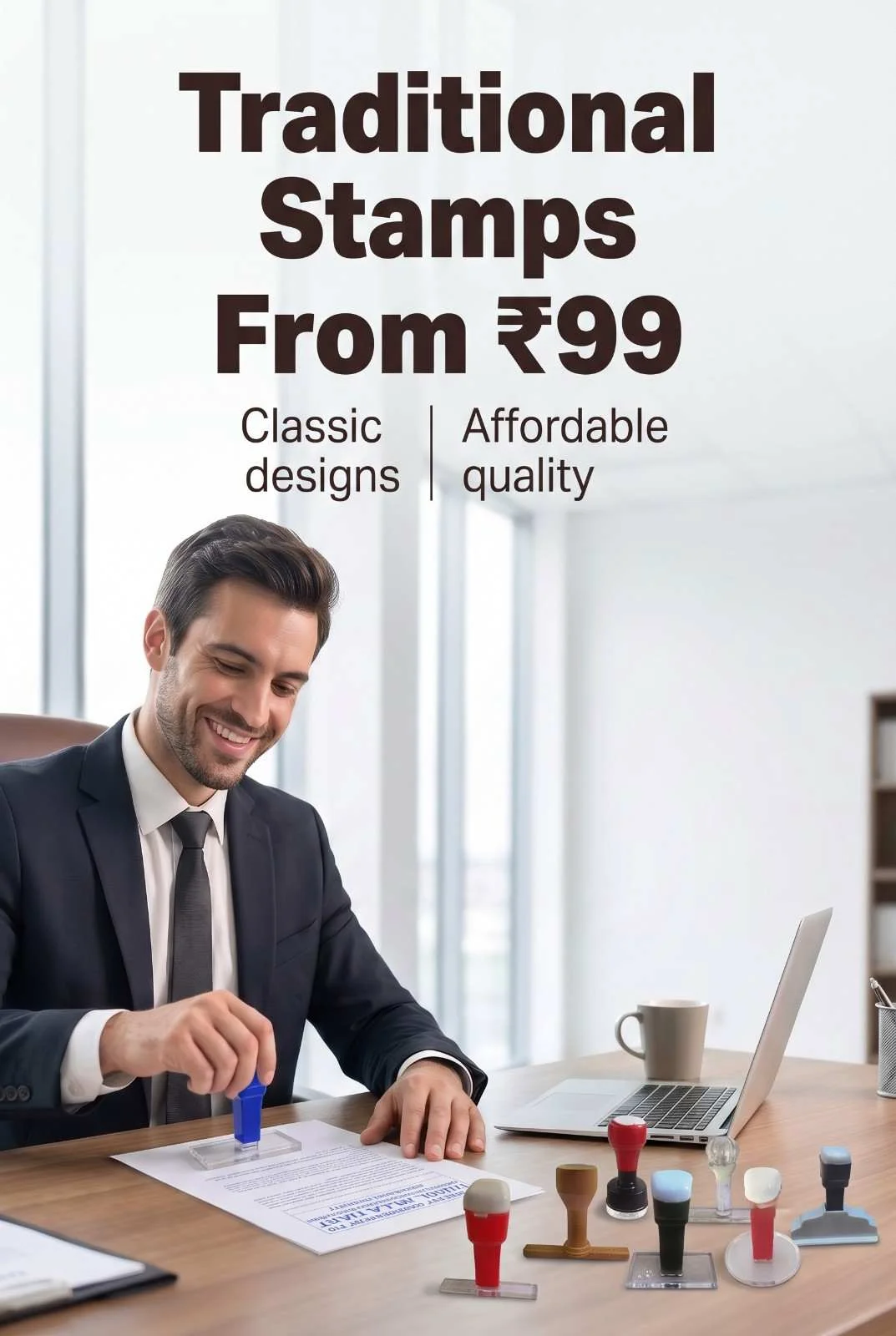 Office clerk stamping invoice with classic blue handle traditional rubber stamp alongside wooden stamp collection