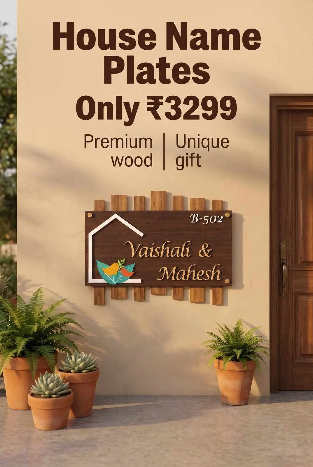 Artisanal dark wood house name plate with custom script lettering and decorative bird artwork installed beside front door