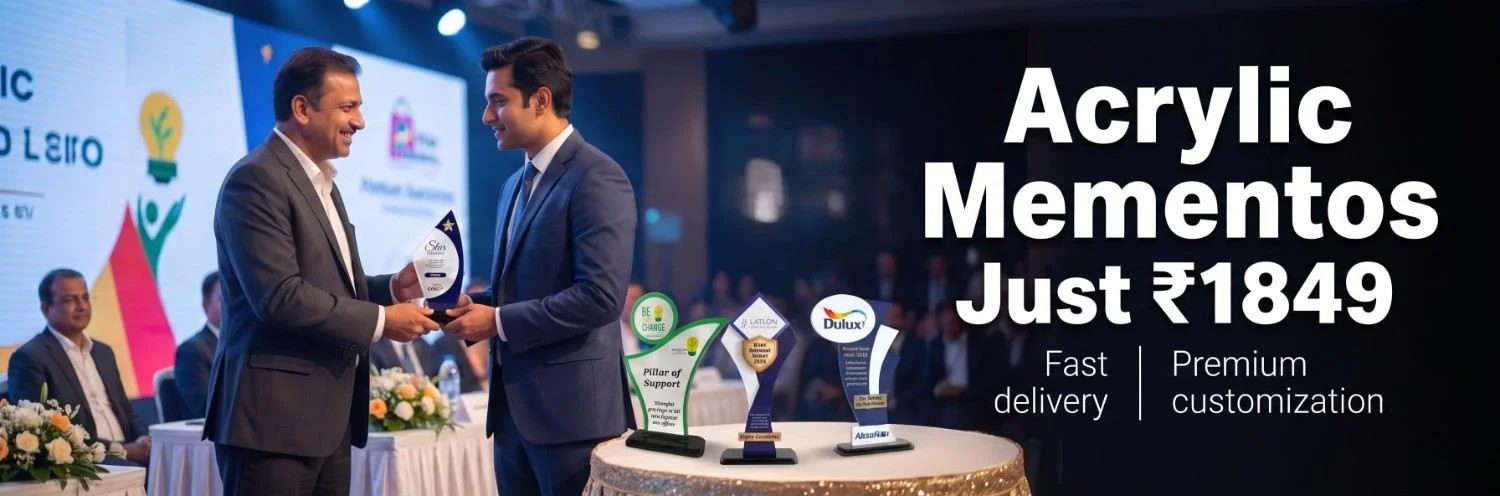 Corporate award presentation on stage highlighting sleek customized acrylic trophies and achievement mementos