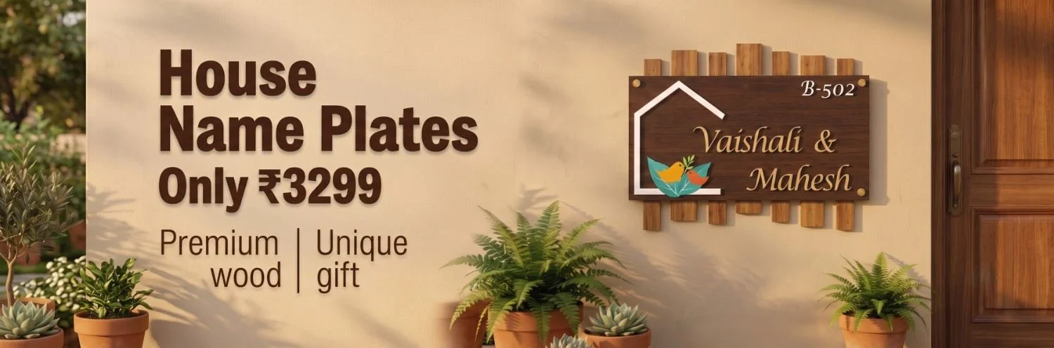 Handcrafted natural wooden house name plate featuring custom engraved family names with bird motifs mounted on modern exterior wall
