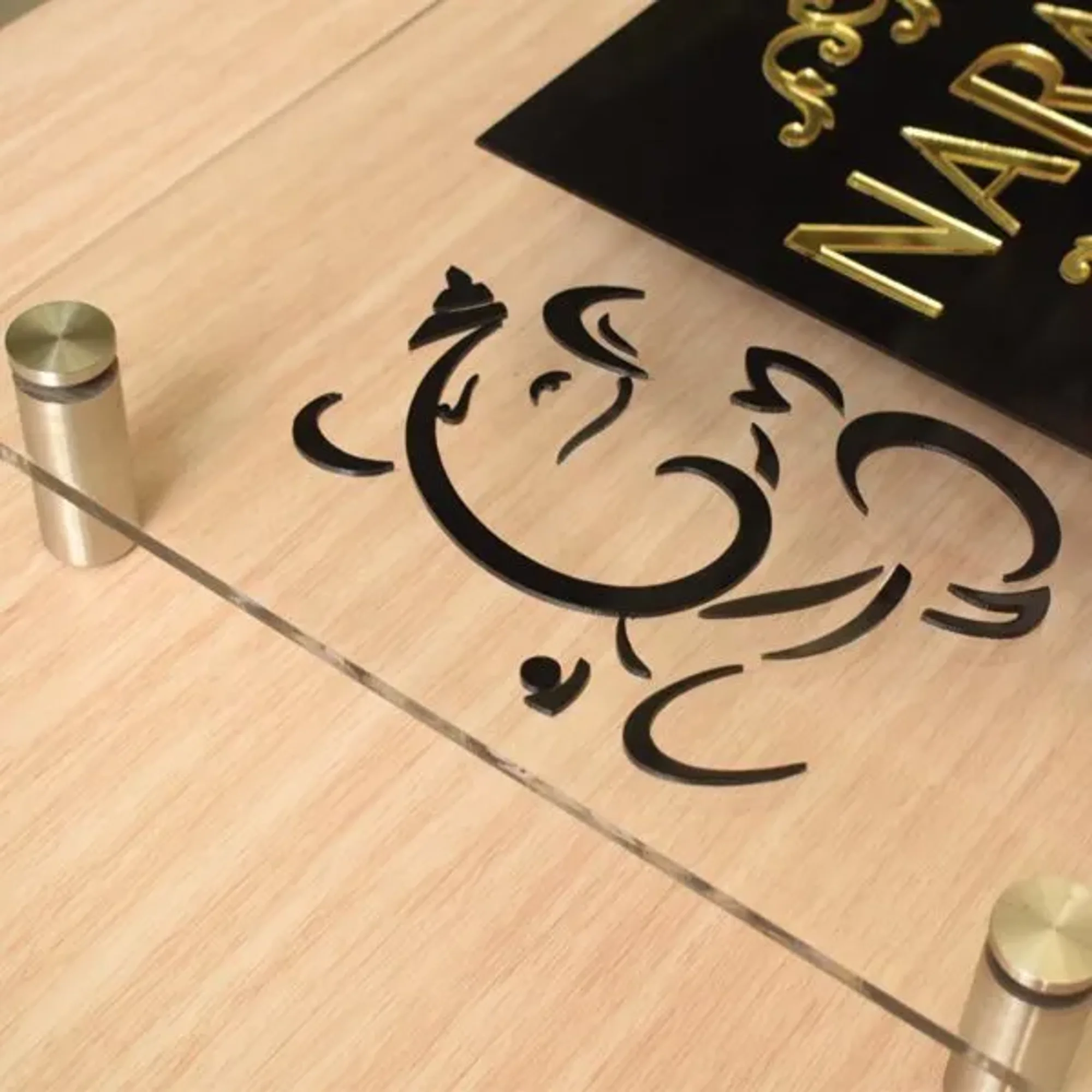 Acrylic Ganesha Name Plate for Home Door - Premium 3D Gold Mirror Finish & Spiritual Motif