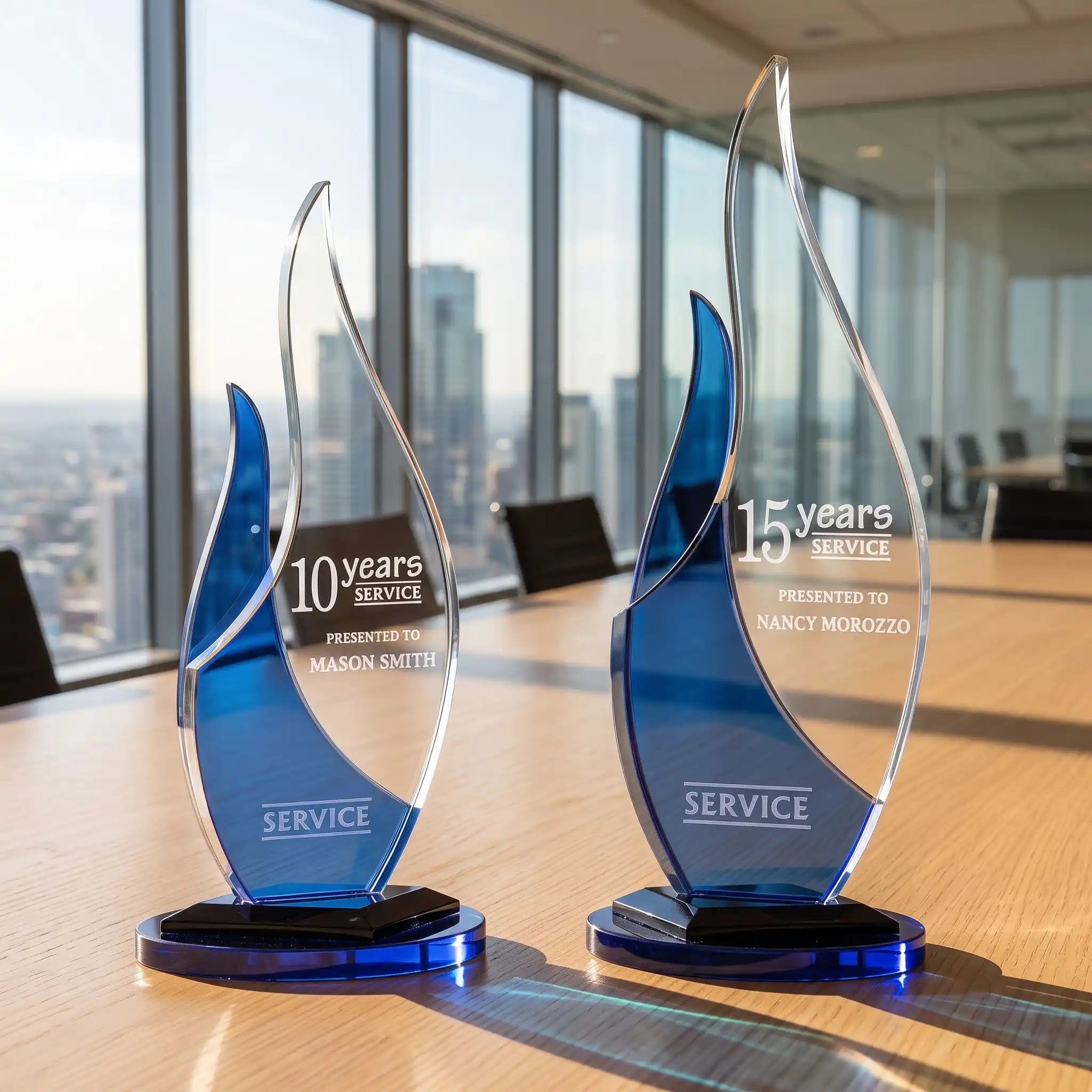 Acrylic Memento Trophy 10x7 Glass Base - Dual Crystal Executive Award Set
