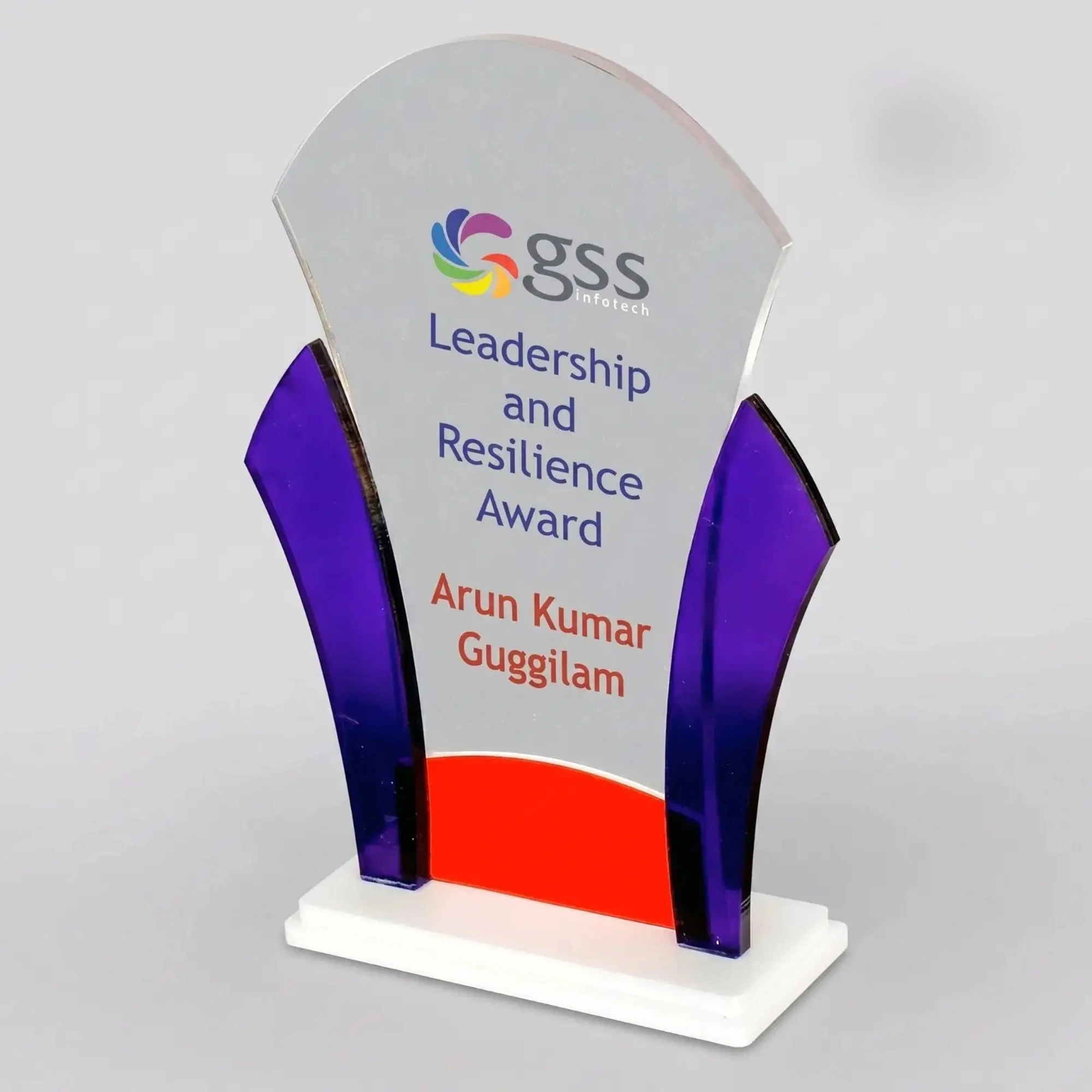 Acrylic Memento Trophy 10x7 Glass Base - Royal Purple & Walnut Base Award Plaque